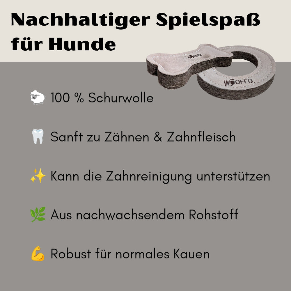 Nachhaltiges Hundespielzeug aus 100% Schurwolle in Knochenform, fördert die Zahngesundheit und ist zahnfreundlich.