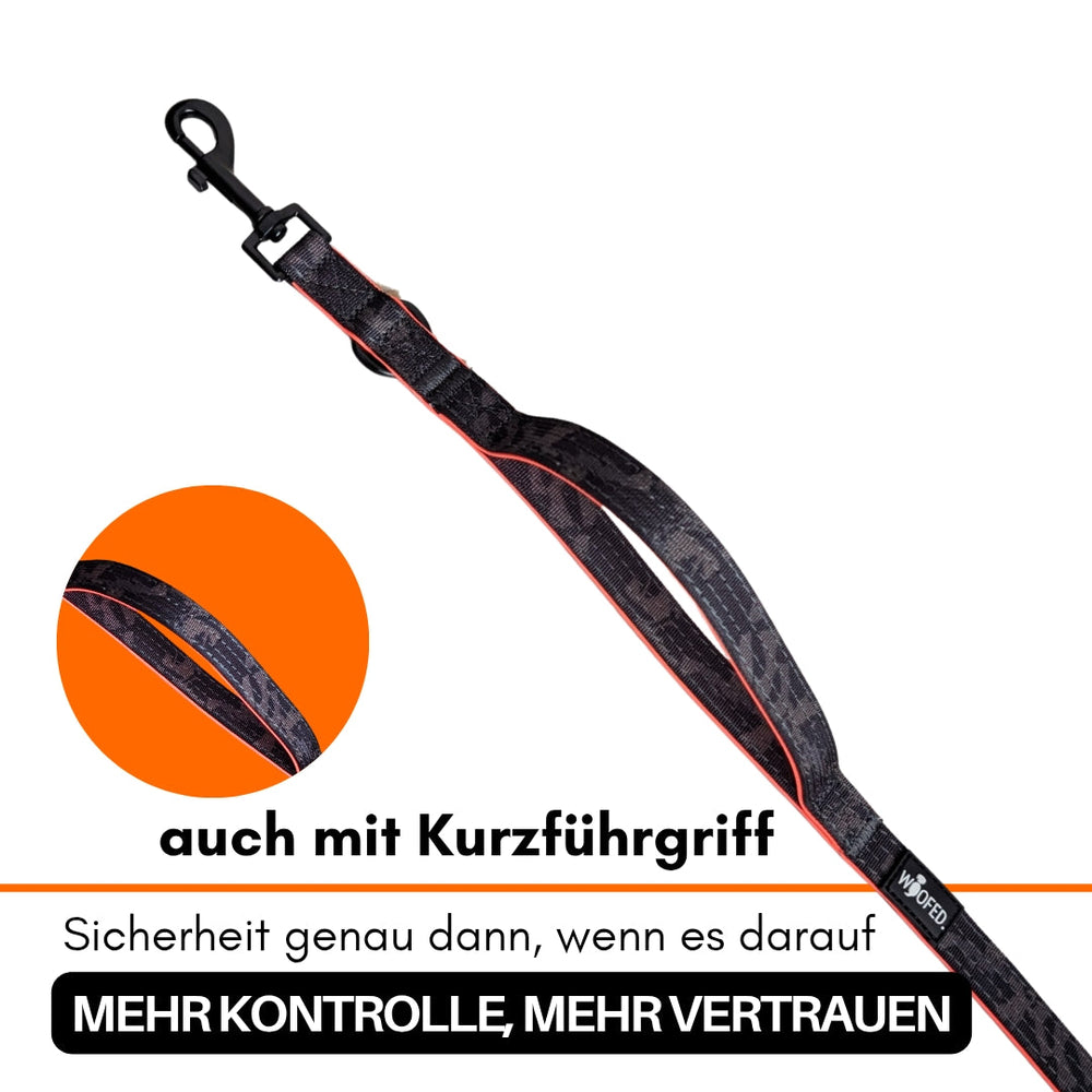 Nylon Classic Führleine mit Kurzführgriff in schwarz-gestreift und orangen Akzenten, ideal für entspannte Spaziergänge.