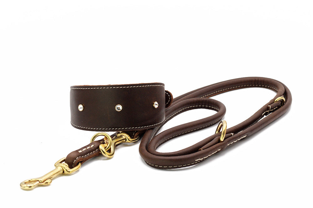Braune Lederleine für Windhunde mit goldfarbenen Beschlägen und Karabinerhaken. Stilvolles und funktionales Design.