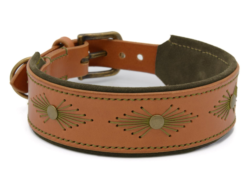 Robustes braunes Lederhalsband für Hunde mit gestickten Mustern und metallischem Verschluss, bietet Komfort und Stil.