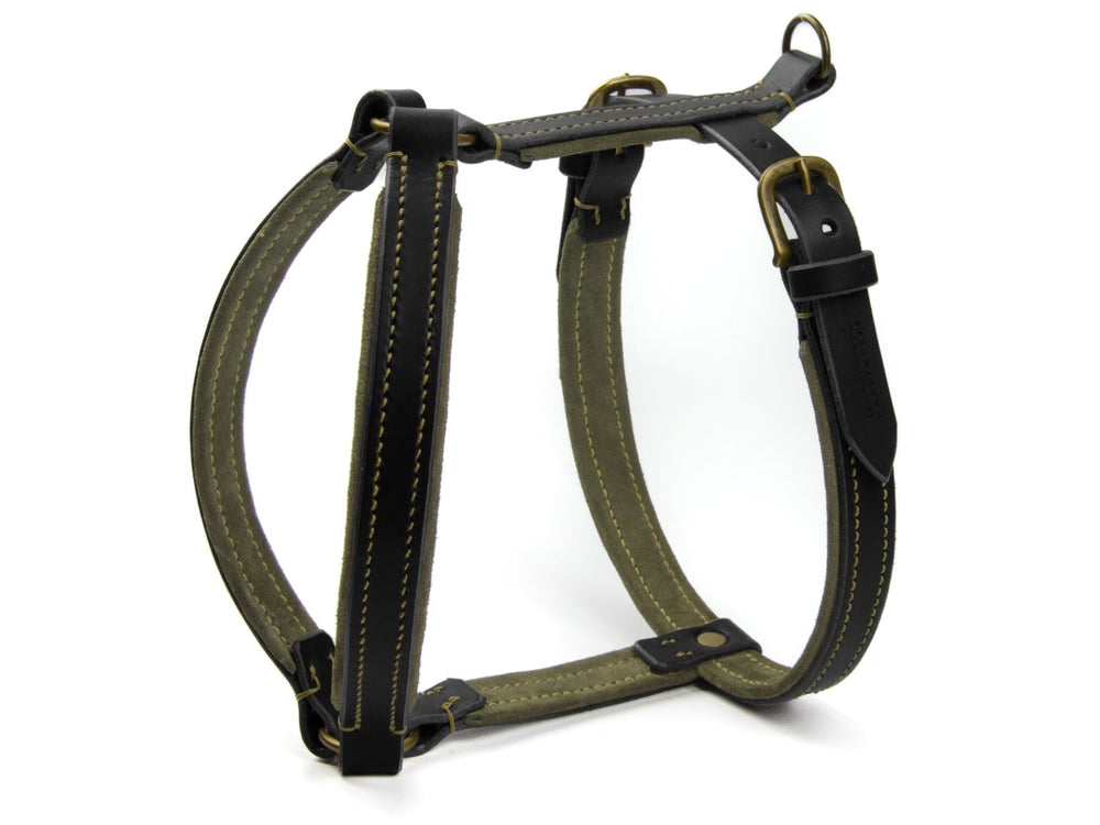 Hundegeschirr WILDFANG aus dunkelbraunem Leder und olivgrünem Stoff mit gelben Nähten, robust und stylisch.