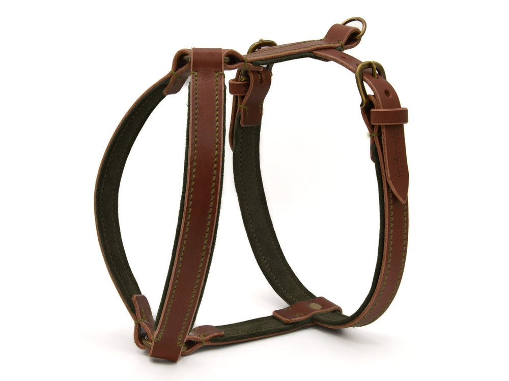 Braunes Lederhundegeschirr WILDFANG mit grünen Textildetails und verstellbaren Riemen für optimalen Tragekomfort.