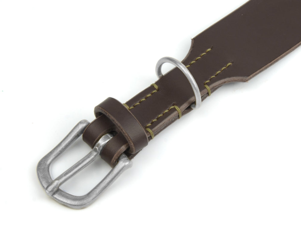 Braunes Lederhalsband "Waldgeist" mit silberner Metallschnalle und gelben Nähten, ideal für stilvolle Hundemode.