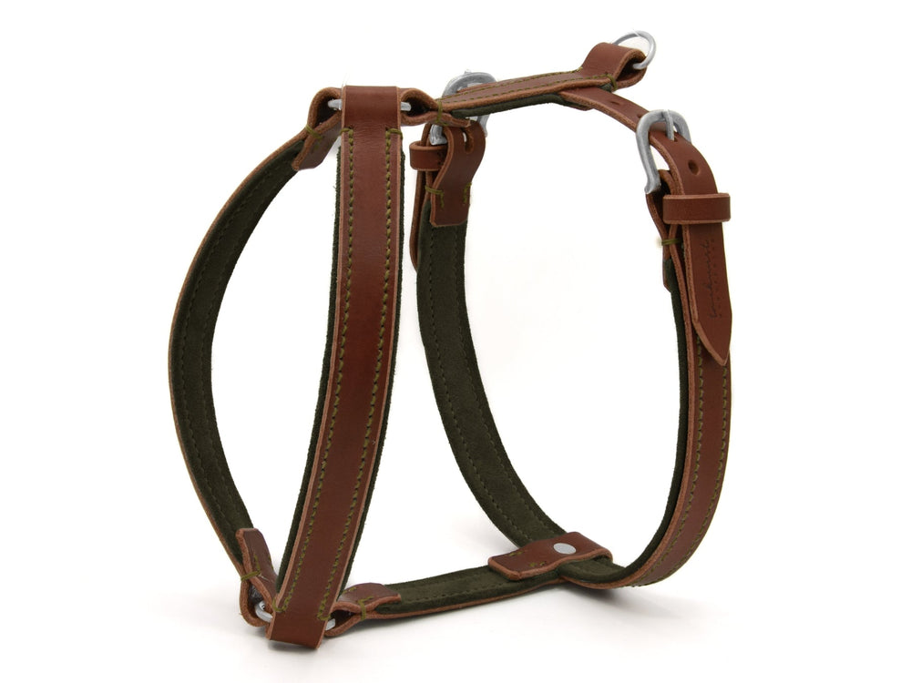 Braunes Ledergeschirr WILDFANG mit grünen Textilakzenten, stabilen Schnallen und Ringen für Hunde, robust und funktional.