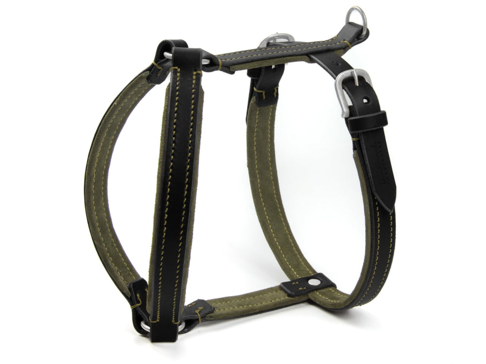 Hundegeschirr WILDFANG in schwarz und olivgrün mit stabilen Nähten und Metallbefestigungen, ergonomisches Design.