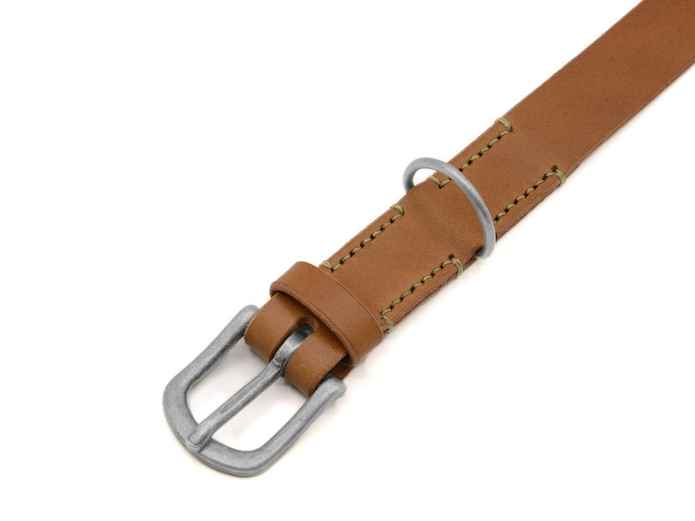 Braunes Lederhalsband "Waldgeist" mit silberner Metallschnalle und grüner Naht, klassische und schlichte Form.