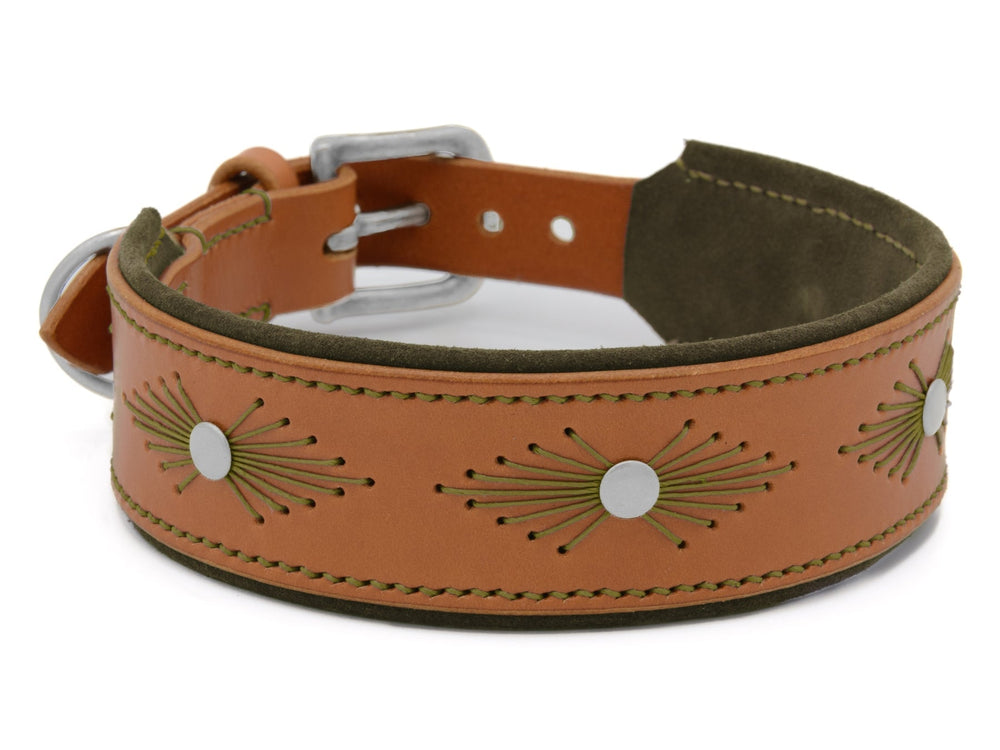 Breites, hellbraunes Lederhalsband WOODSTOCK mit silbernen Nieten und dunkelgrüner Innenseite. Perfekt für stilbewusste Hunde.