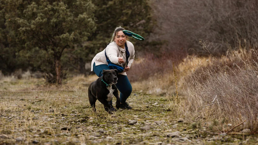 Frau mit Frisbee führt schwarzen Hund an der Leine auf einem schmalen Naturweg- ideales Spielzeug für aktive Hunde.