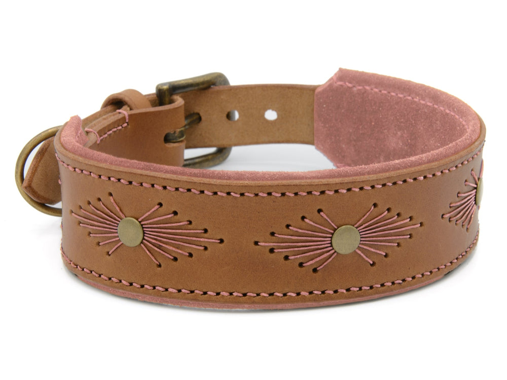 Breites braunes Lederhalsband WOODSTOCK mit rosa Akzent und goldfarbenen, strahlenförmigen Zierknöpfen.