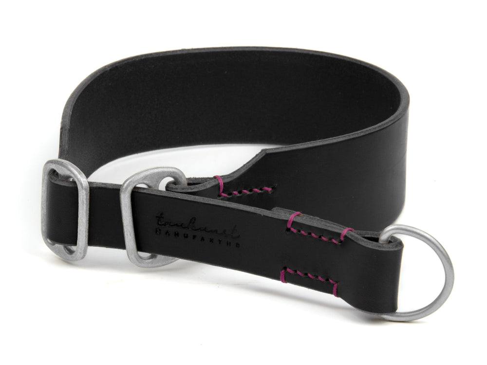 Schwarzes Lederhalsband "Waldgeist" mit gepolsterter Innenseite, silbernen Ringen und farbiger Naht für Hunde.