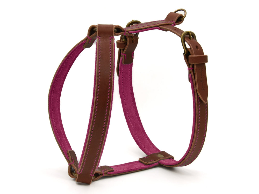 "Hundegeschirr WILDFANG aus braunem Leder mit pinken Akzenten, robust und weich gepolstert für optimalen Tragekomfort."