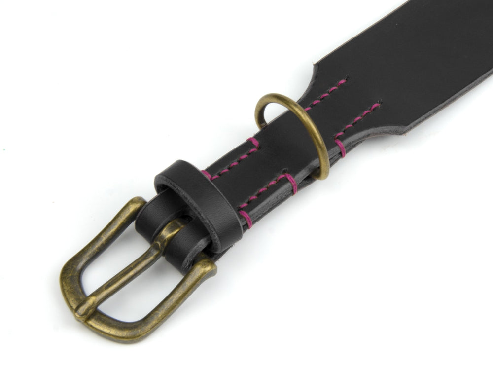 Schwarzes Lederhalsband mit messingschnalle und magentafarbenen Ziernähten, klassisches Design mit Befestigungsschlaufe.