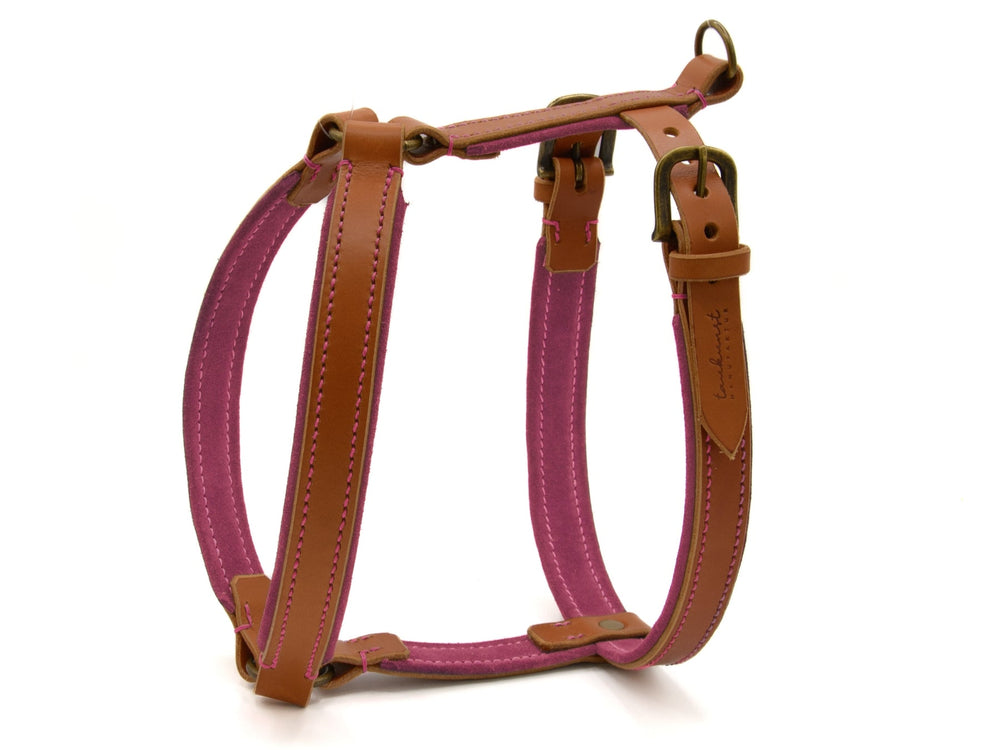 Hochwertiges Ledergeschirr WILDFANG für Hunde in braun mit pinken Akzenten, verstellbar für perfekten Sitz und Komfort.