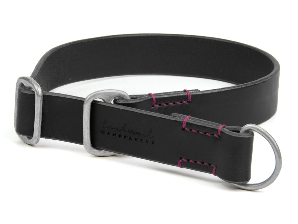 Schwarzes Lederhalsband mit Metallring, verstellbarer Schnalle und lila Nähten – ideal für stilvolle Hunde.