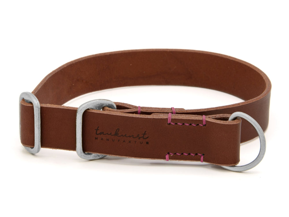 Braunes Lederhalsband mit silberner Schnalle und lilafarbenen Nähten für stilvolle Hunde.