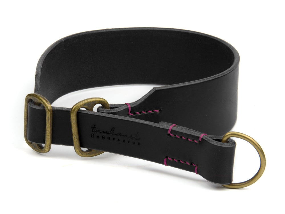 Schwarzes Lederhalsband mit goldenen Schnallen und pinker Naht für Hunde, elegantes Design mit ovaler Befestigungsöse.
