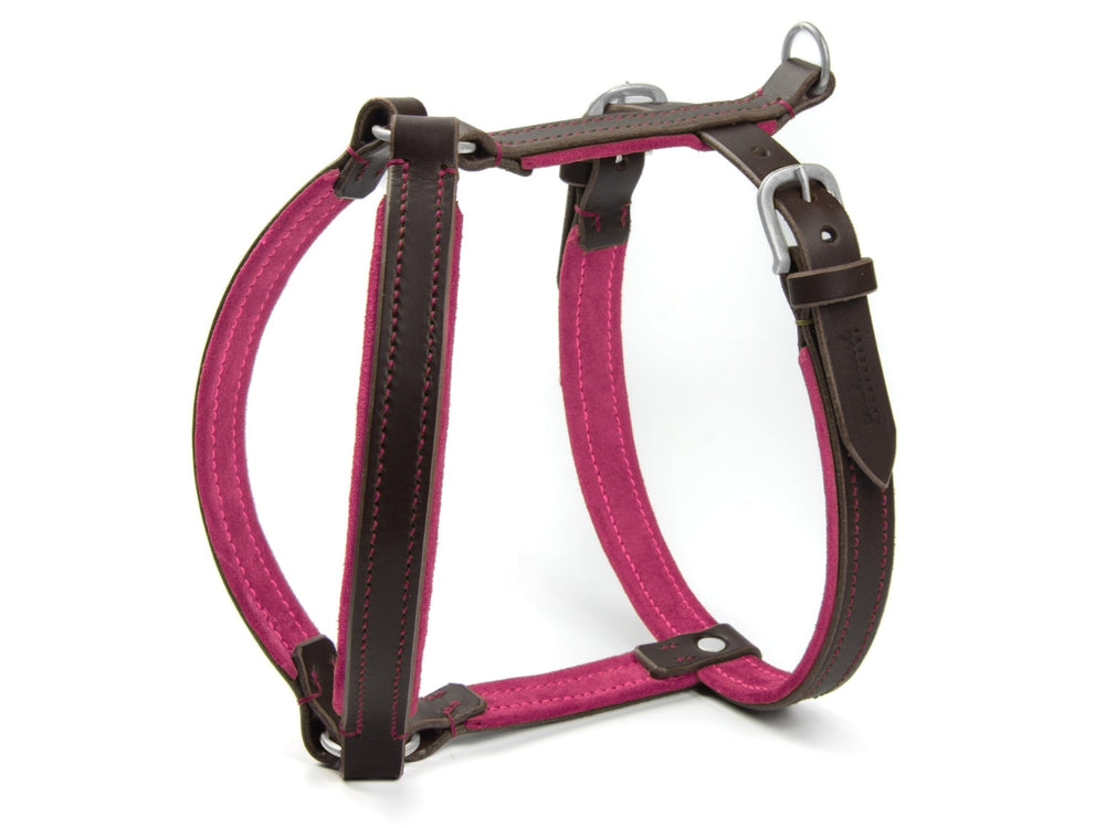 Hochwertiges Hundegeschirr aus braunem Leder und pinkem Stoff mit verstellbaren Riemen und silbernen Beschlägen.