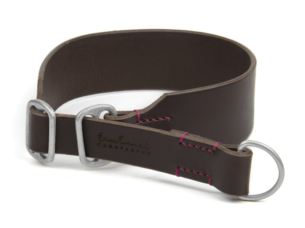 Braunes Lederhalsband mit silbernen Metallringen und eleganter Prägung, ideal für Hunde und stilbewusste Halter.