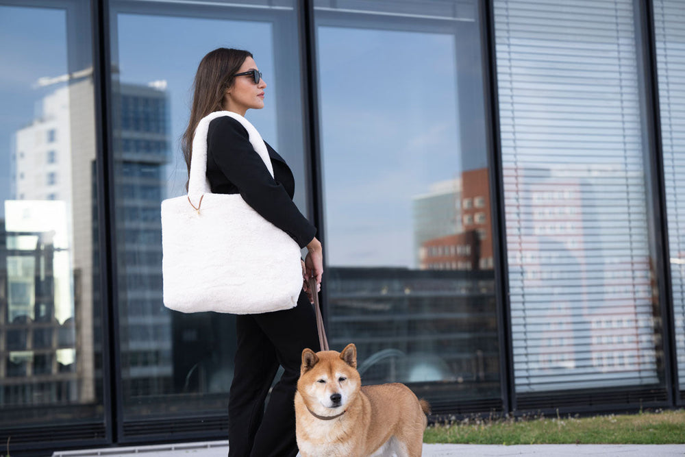 Frau im schwarzen Anzug mit flauschiger Handtasche und Shiba Inu vor modernem Gebäude.
