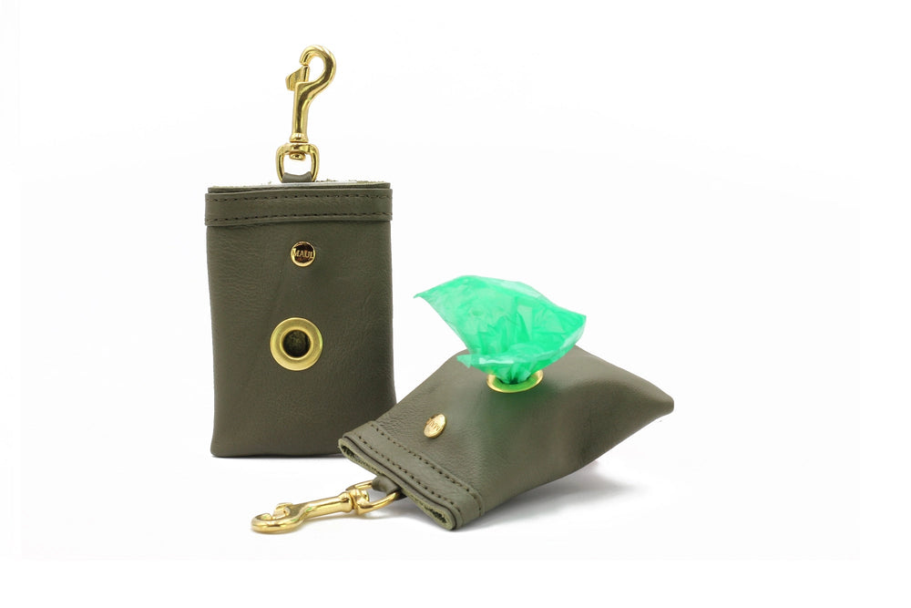 Schicker, grüner Poo-Bag aus Kunstleder mit goldenen Karabinerclip und grüner Tüte für Hundebesitzer.