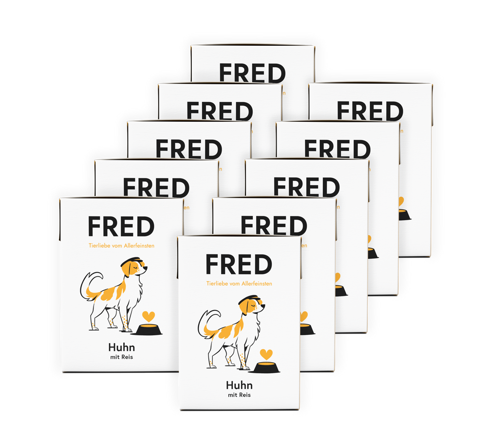 FRED Huhn mit Reis für Hunde in praktischen Verpackungen, ideal für wählerische Hunde und schonende Verdauung.