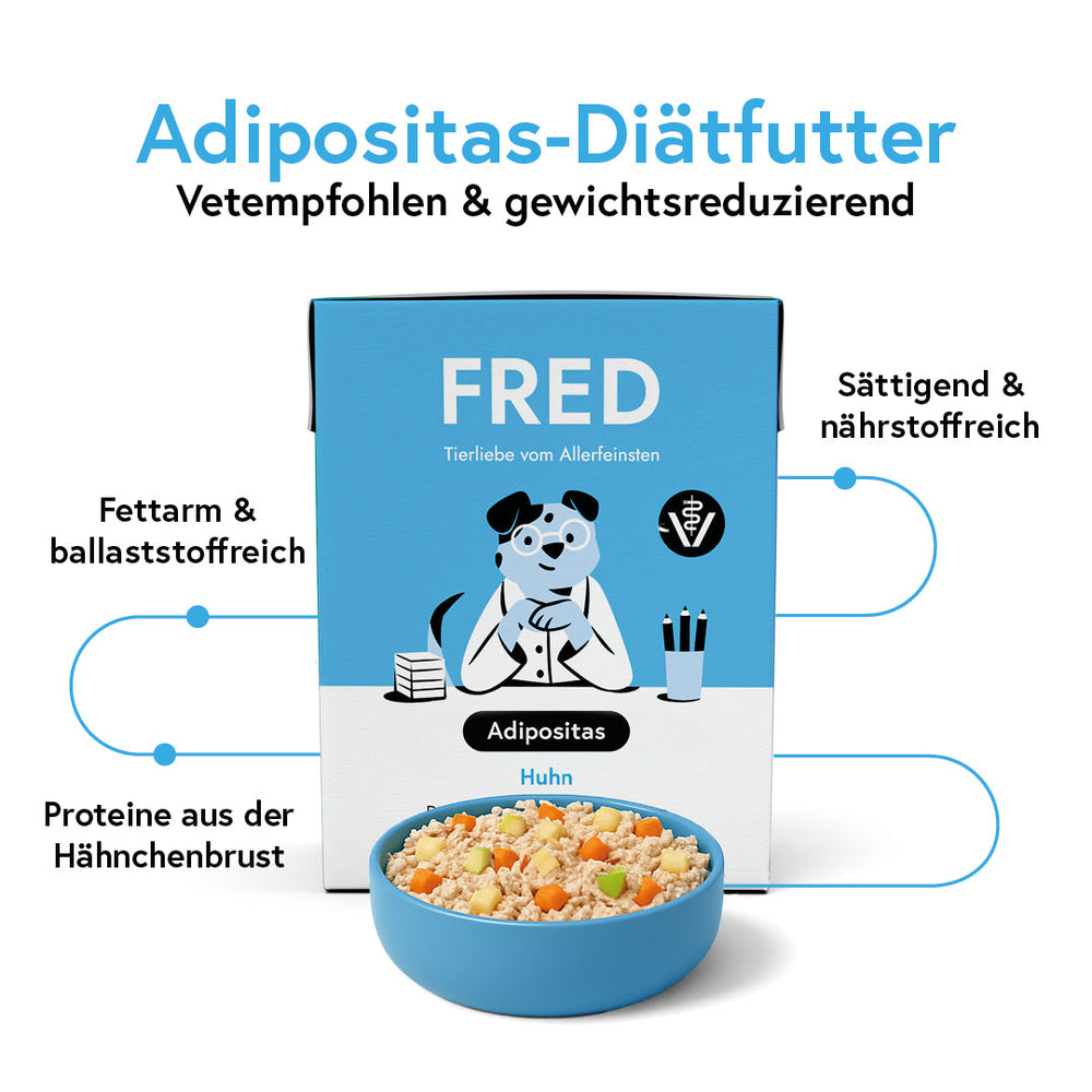 FRED VET Adipositas Diätfutter für Hunde, fettarm und nährstoffreich, unterstützt Gewichtsmanagement und Sättigung.