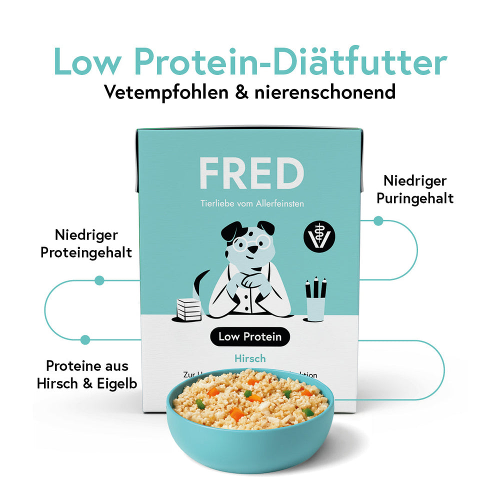 FRED VET Low Protein Diätfutter für nierenbelastete Tiere mit niedrigem Proteingehalt und leichter Verdaulichkeit.