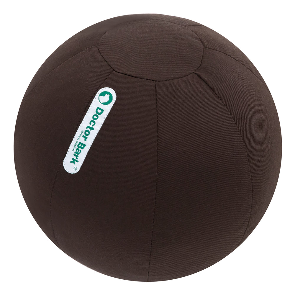Dunkelbrauner Gymnastikball für Hunde aus weichem Material mit grünem "Doctor Bank"-Logo. Ideal zum Spielen und Trainieren.