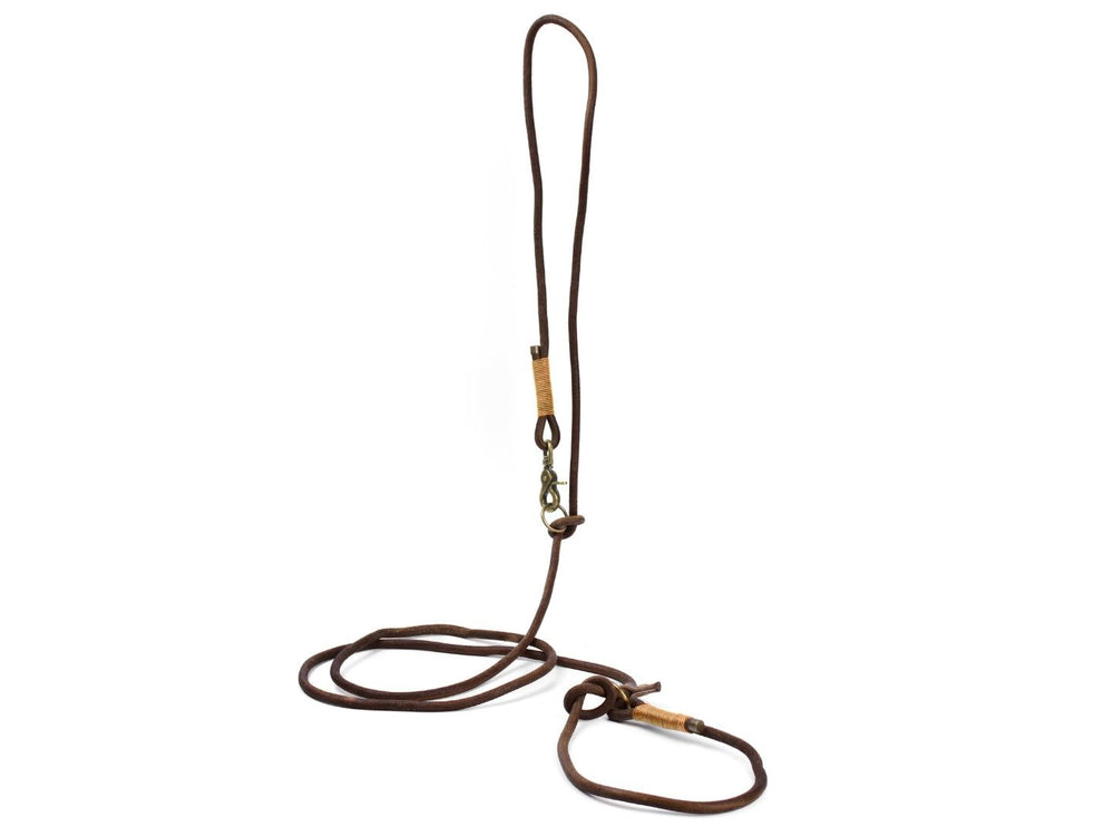 Braune Rundleder Retrieverleine mit Karabinerhaken und Schlaufe, ideal für Hundesport und Spaziergänge.