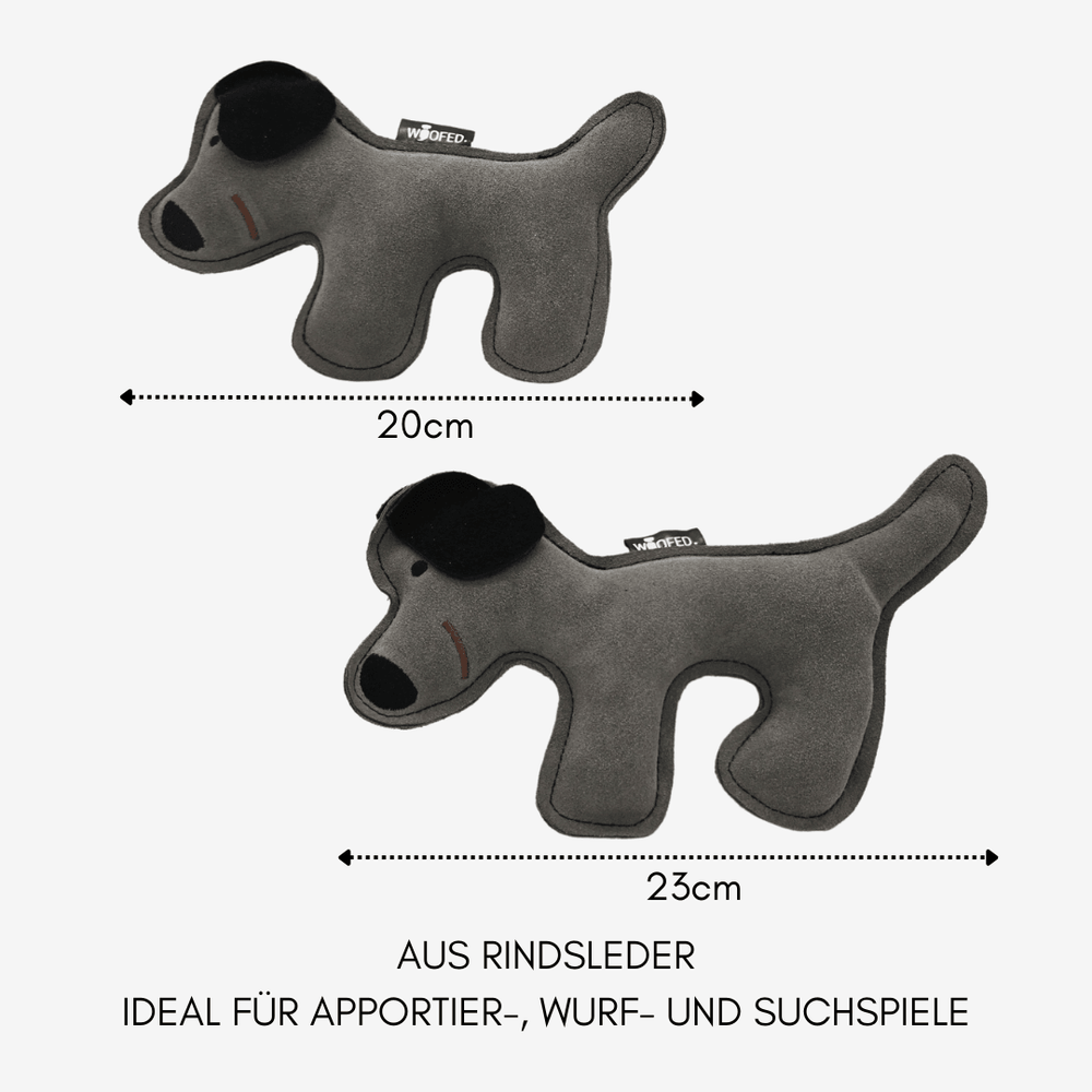 Rindsleder-Hund Spielzeug für Hunde, handgefertigt, robust und weich für Apportier- und Kuschelspiele in zwei Größen.