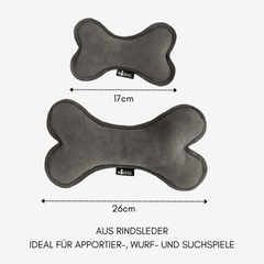 Rindsleder-Knochen für Hunde in 17 cm und 26 cm, ideal für Apportier- und Wurfspiele, robust und griffig.