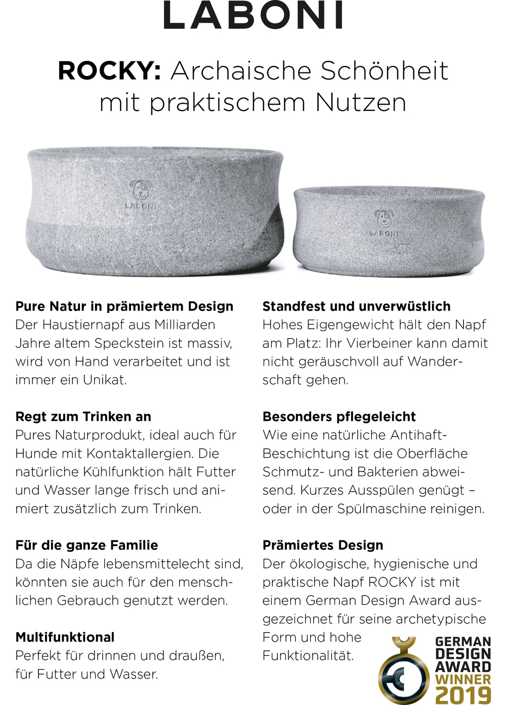 Edel-Napf ROCKY aus massivem Speckstein für Hunde und Katzen, handgefertigt, robust und standsicher, runde Form.