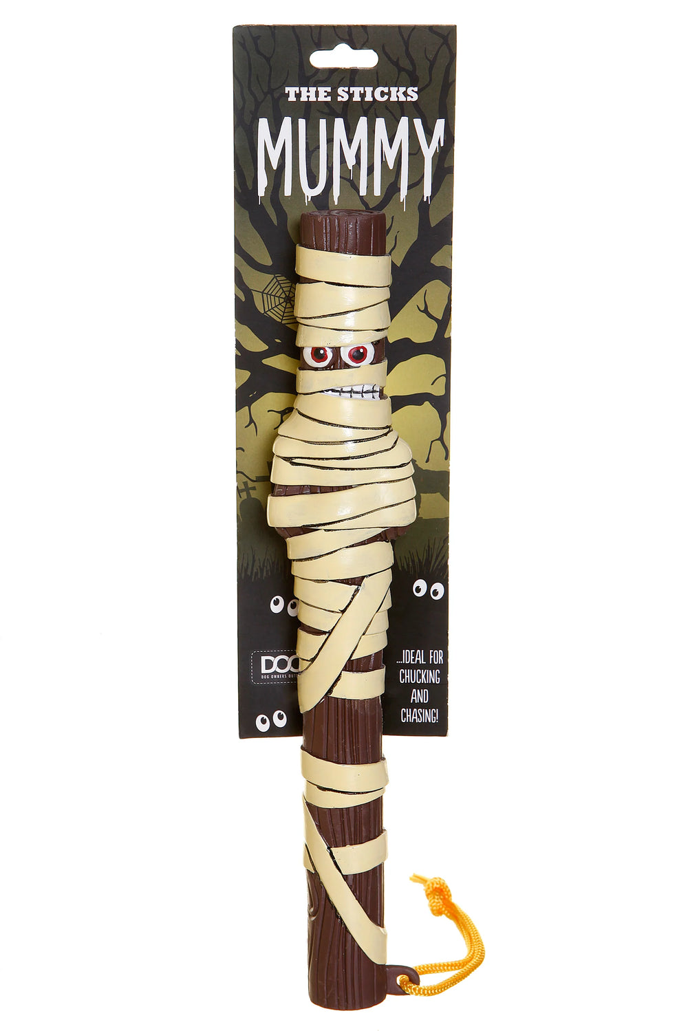Mumienspielzeug "DOOG Super Stick" in Baumstammform mit roten Augen, verpackt und bereit zum Spielen.