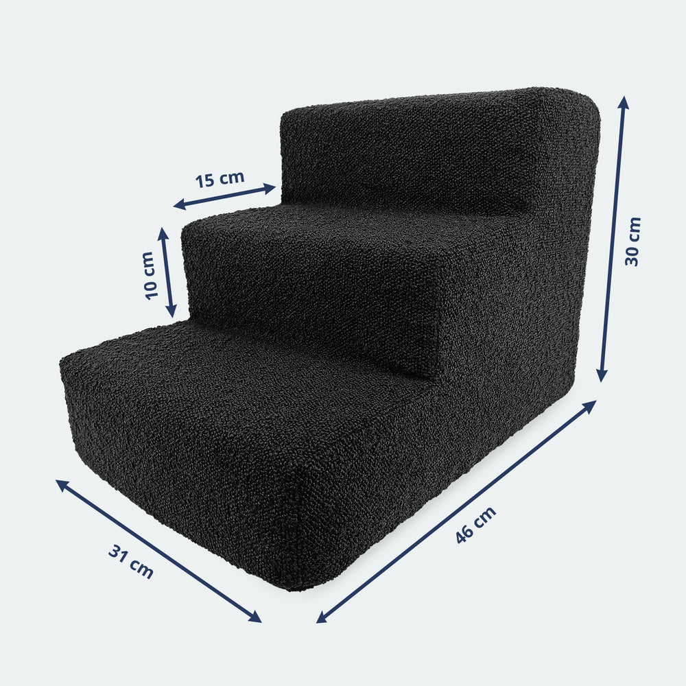 Haustiertreppe Nubosteps Bouclé in Schwarz, dreistufig, perfekt für kleine Tiere, 30 cm hoch, 46 cm breit.