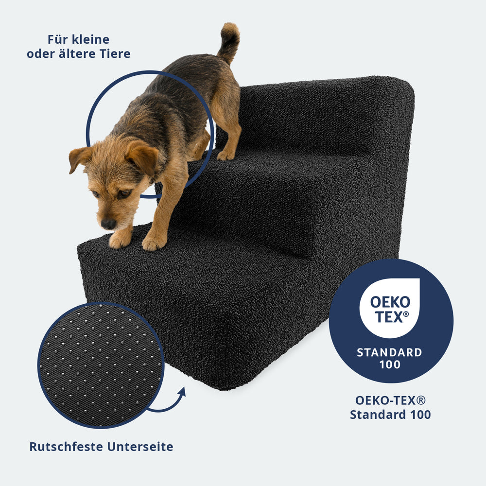 Dreistufige Haustiertreppe Nubosteps für kleine Hunde, schwarz mit rutschfester Unterseite und strukturierter Oberfläche.
