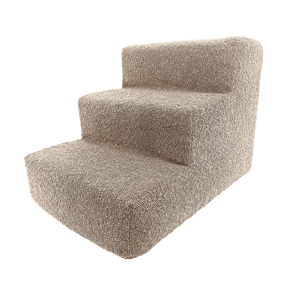 Dreistufige Haustiertreppe Nubosteps Bouclé mit heller, texturierter Oberfläche und abgerundeten Kanten für modernen Wohnstil.
