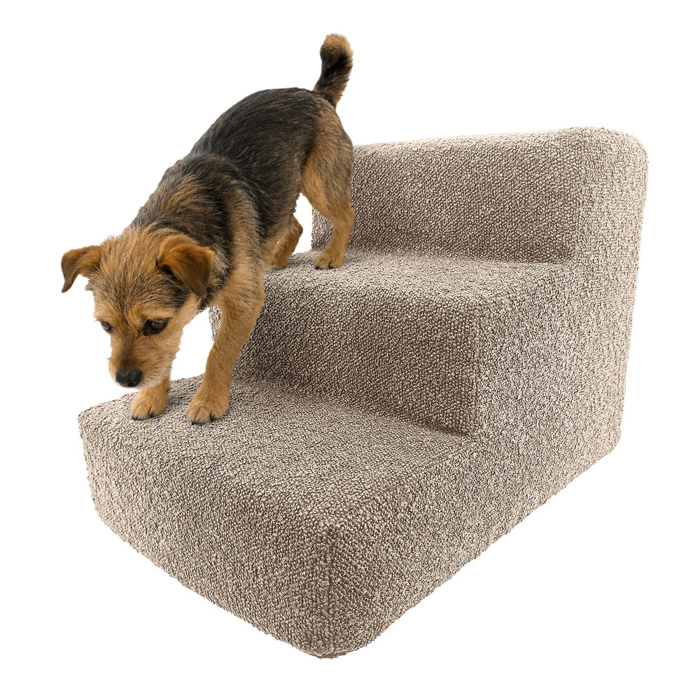 Dreistufige Haustiertreppe Nubosteps Bouclé für kleine Hunde, bezogen mit grauem, texturiertem Stoff. Stabil und breit.