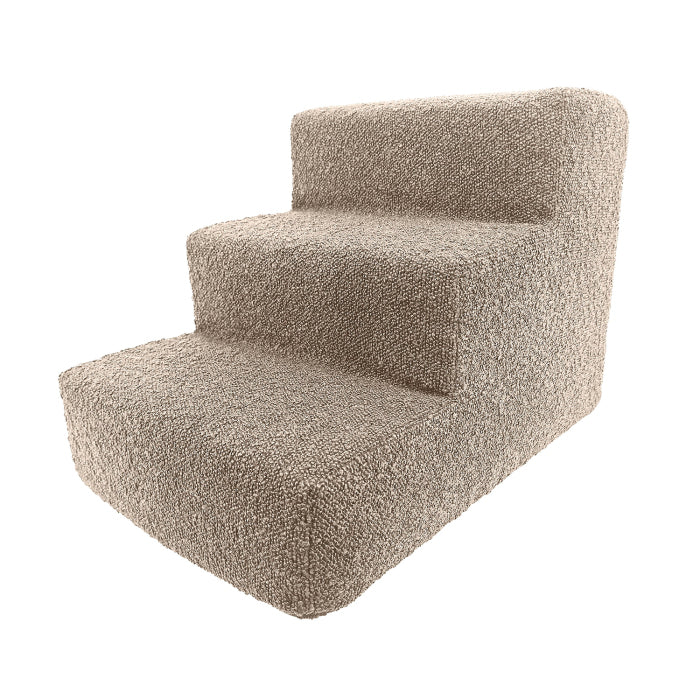 Gepolsterte Haustiertreppe Nubosteps Bouclé in Beige mit drei Stufen und abgerundeten Kanten für einfache Tierzugänge.