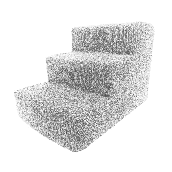 Dreistufige Haustiertreppe Nubosteps Bouclé in modernem Design mit grauem, texturiertem Bezug für kleine Tiere.