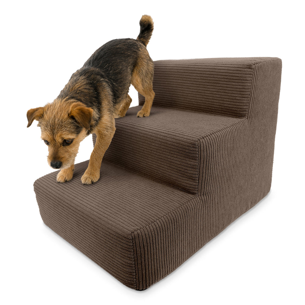 Hundetreppe Nubosteps Cord in Braun mit drei Stufen, ideal für kleine Hunde beim Hinaufsteigen.