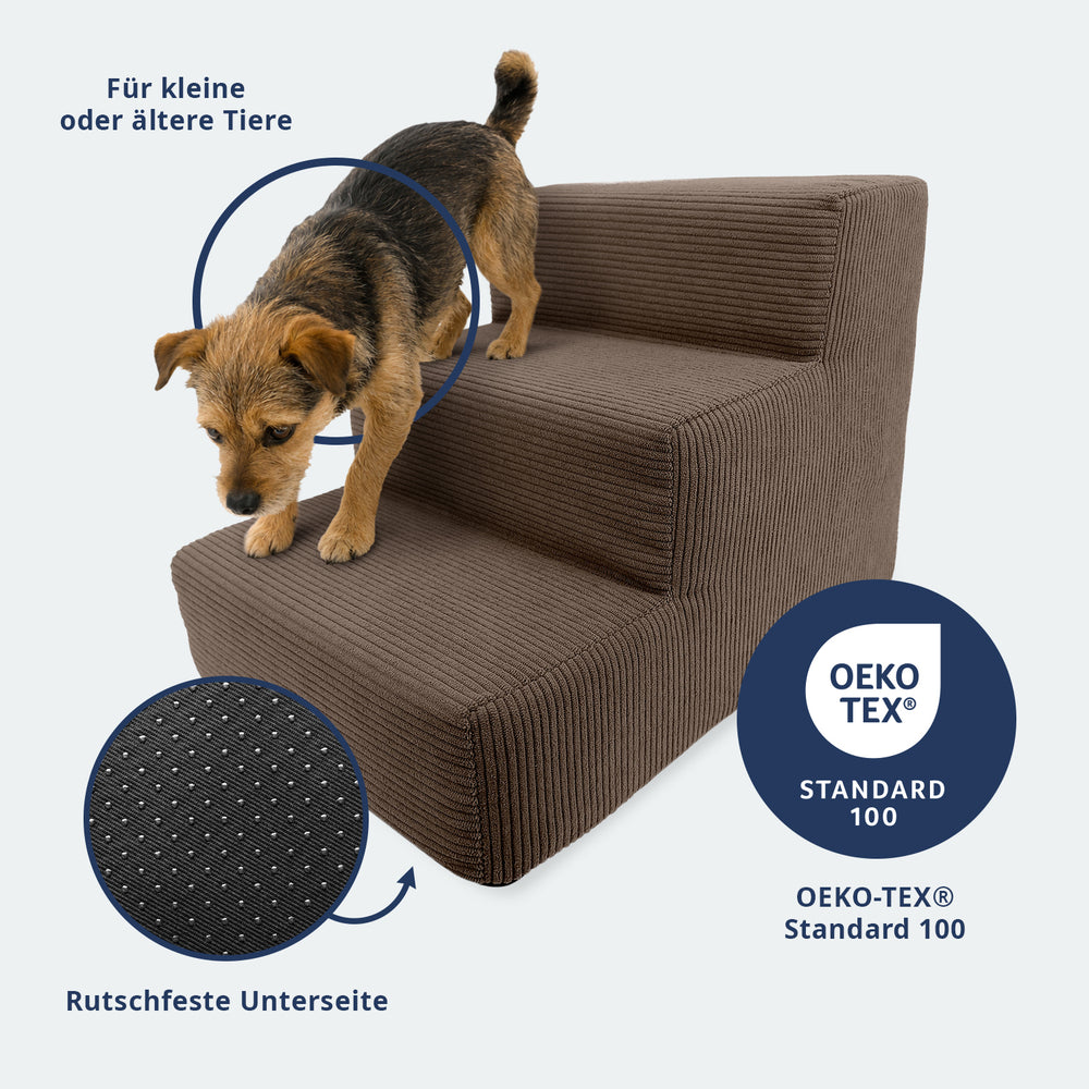 "Braune Haustiertreppe Nubosteps Cord mit drei Stufen und rutschfester Unterseite für kleine oder ältere Tiere."