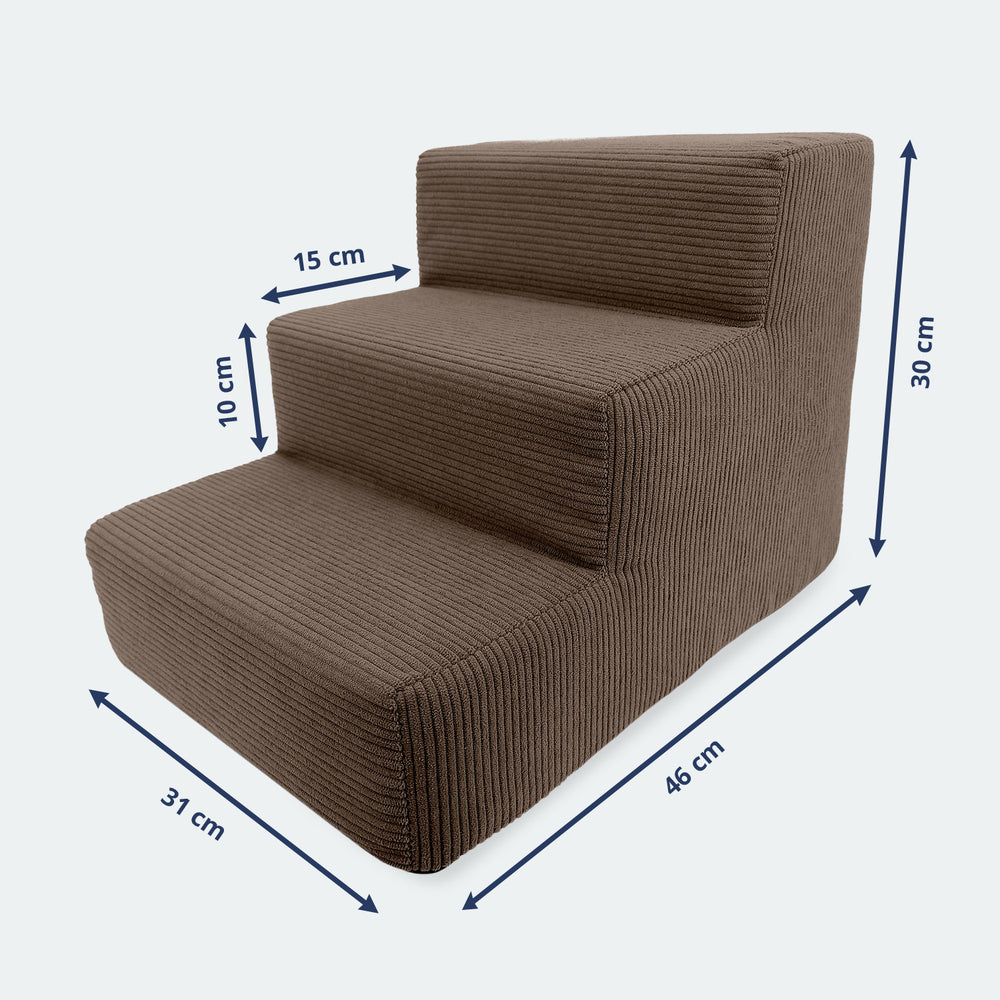 Braune, gepolsterte Haustiertreppe Nubosteps Cord mit drei Stufen für sichere Tierbewegung.