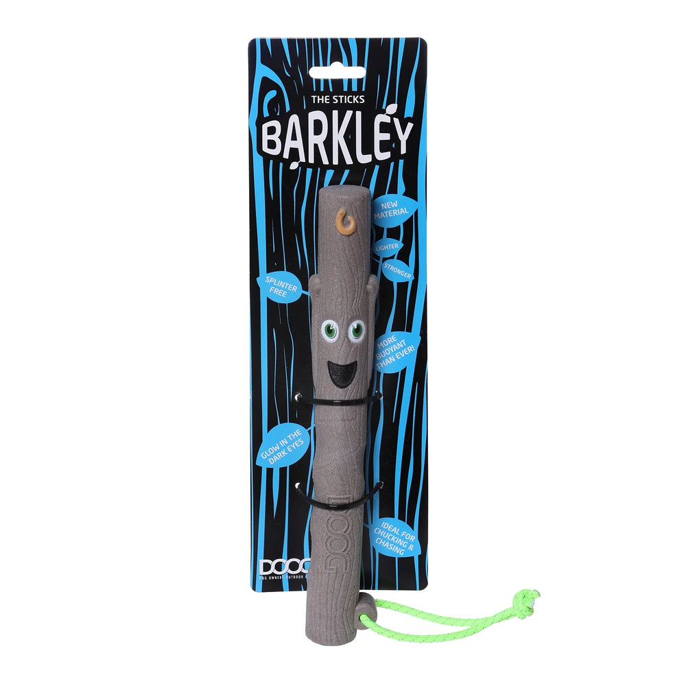 "Barkley, der freundliche Baumstick für Hunde, in bunter Verpackung mit Gesicht und Augen."