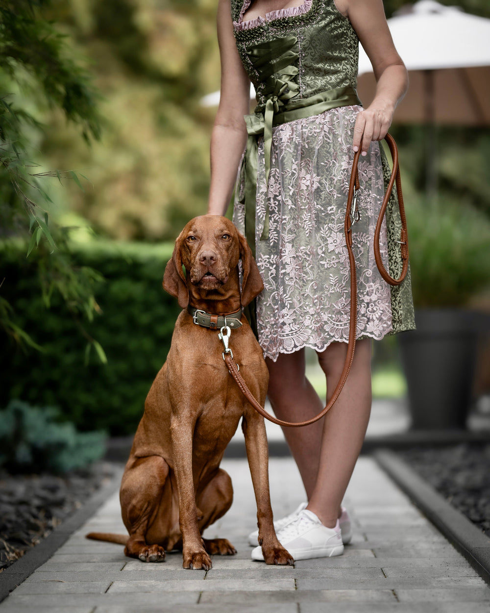 "Frau im traditionellen Kleid hält eine braune Hundeleine, während ihr Hund ruhig auf einem gepflasterten Weg sitzt."