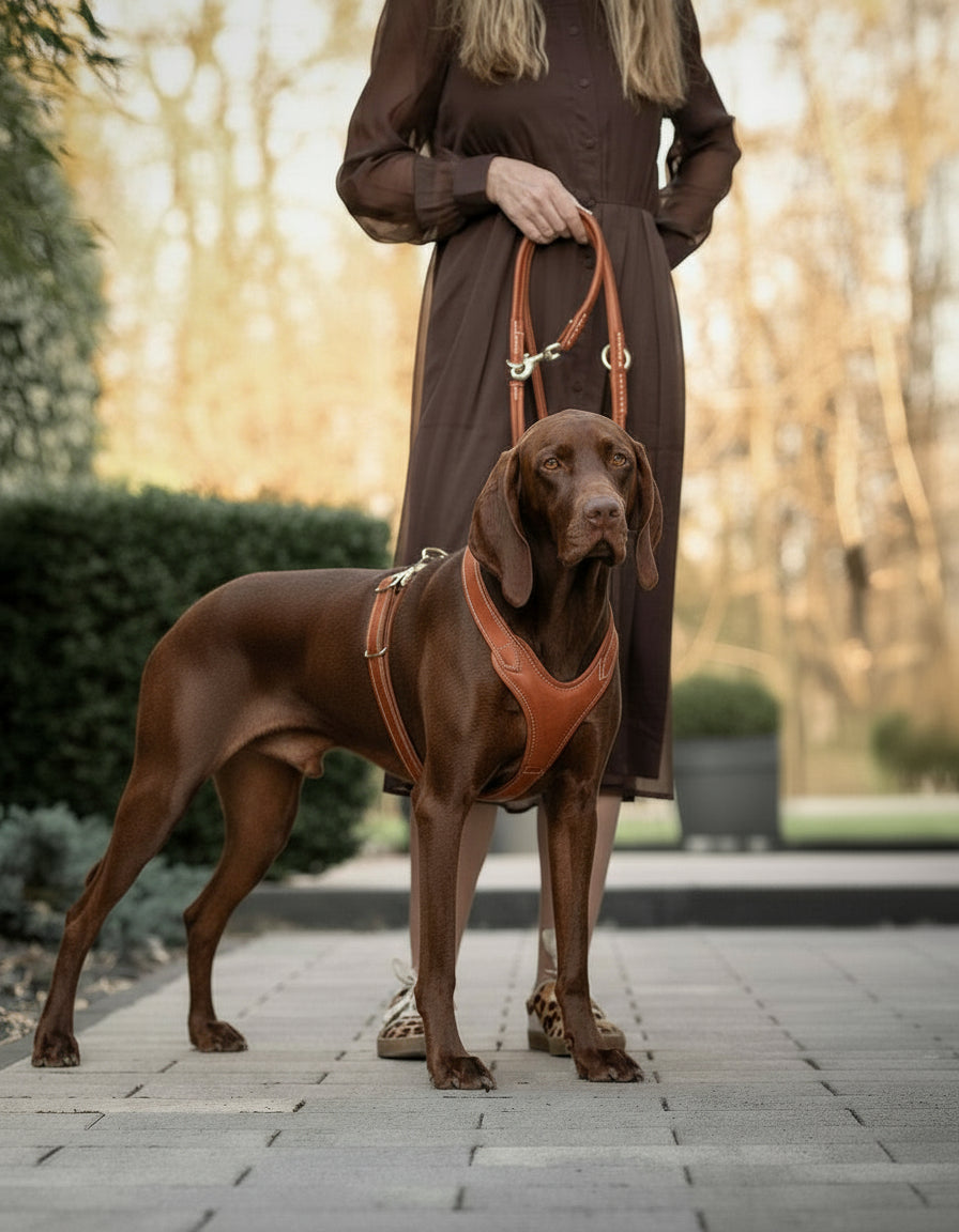 Hochwertiges Ledergeschirr Old English für Hunde, bequemes Nappaleder in natürlicher Umgebung mit grünen Sträuchern.
