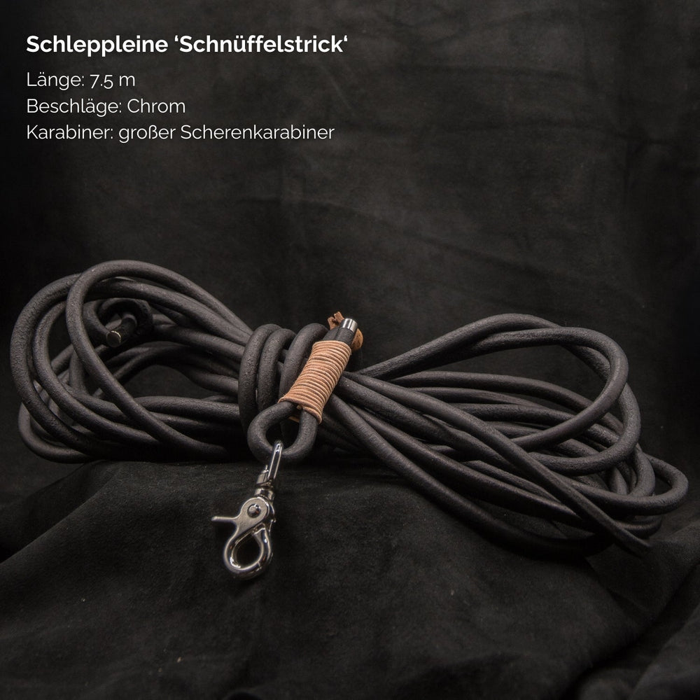 Schleppleine 'Schnüffeltrick', 7,5m lang, robuster Chrom-Beschlag und großer Scherenkarabiner für sichere Spaziergänge.