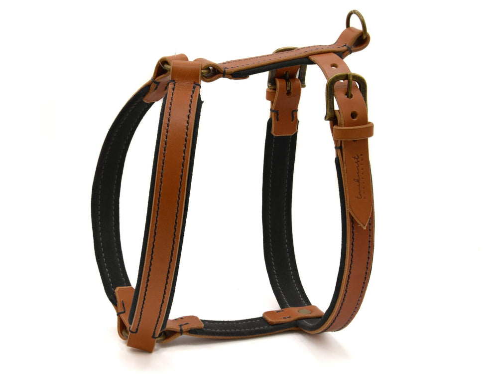 Hundegeschirr aus Leder in braun und schwarz, mit auffälligen Nähten, Schnallen und Halterungen für optimalen Halt.