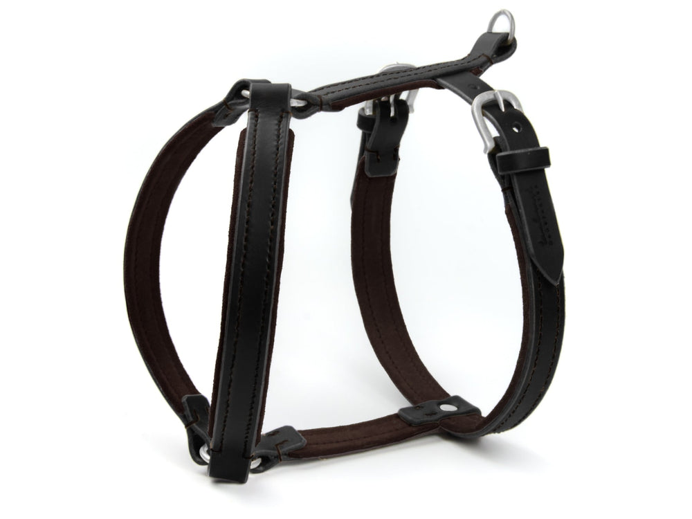 Hundegeschirr WILDFANG aus schwarzem Leder mit verstellbaren Riemen und braunem, weichem Innenfutter.