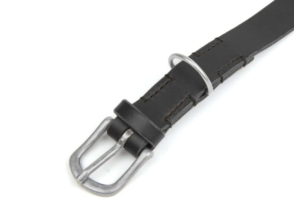 Schwarzes Lederhalsband "Waldgeist" mit schlichter silberner Metallschnalle und praktischen Halterungsring.