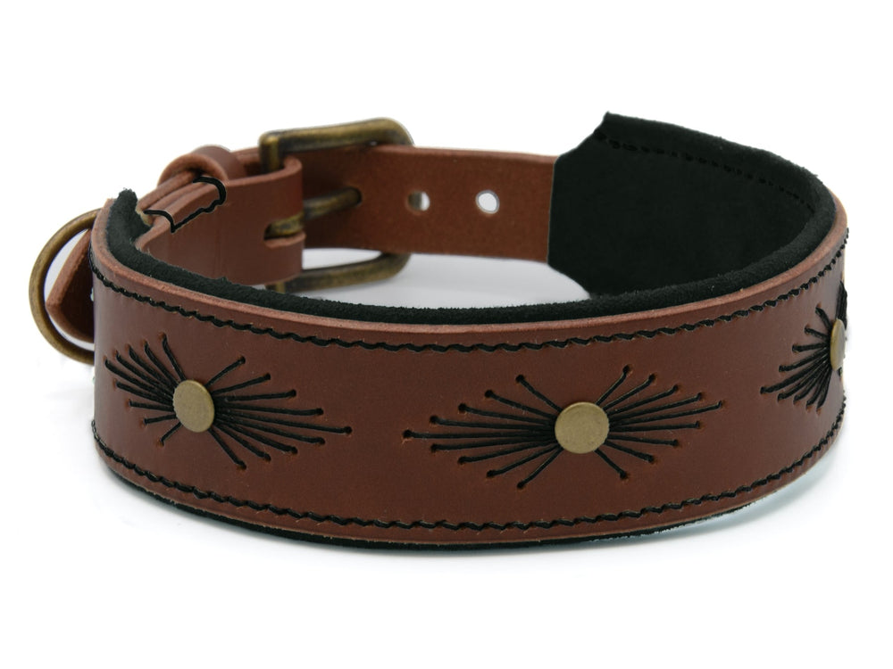 Braunes Lederhalsband WOODSTOCK mit schwarzen Motiven, goldfarbenen Nieten und weicher Innenseite für Hunde.